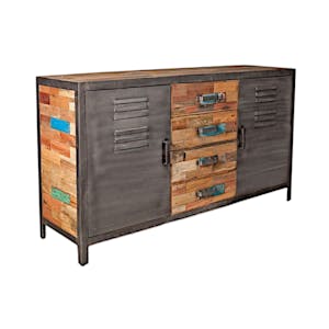 Buffet bois recyclé 4 tiroirs bois recyclé 2 portes métalliques 160x45x90cm CARAVELLE